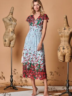 Symmetrical Floral Print Mesh Maxi Dress, Blue Multi