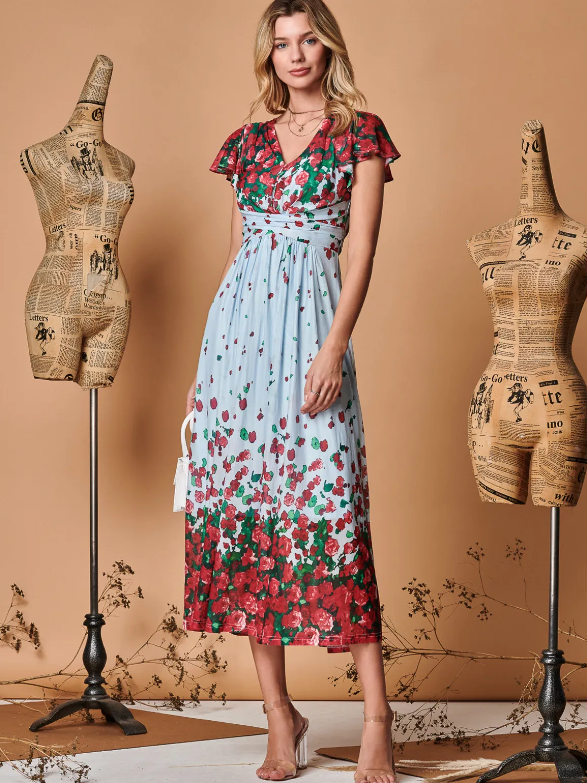 Symmetrical Floral Print Mesh Maxi Dress, Blue Multi