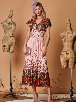 Symmetrical Floral Print Mesh Maxi Dress, Coral Pink