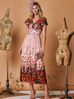 Symmetrical Floral Print Mesh Maxi Dress, Coral Pink