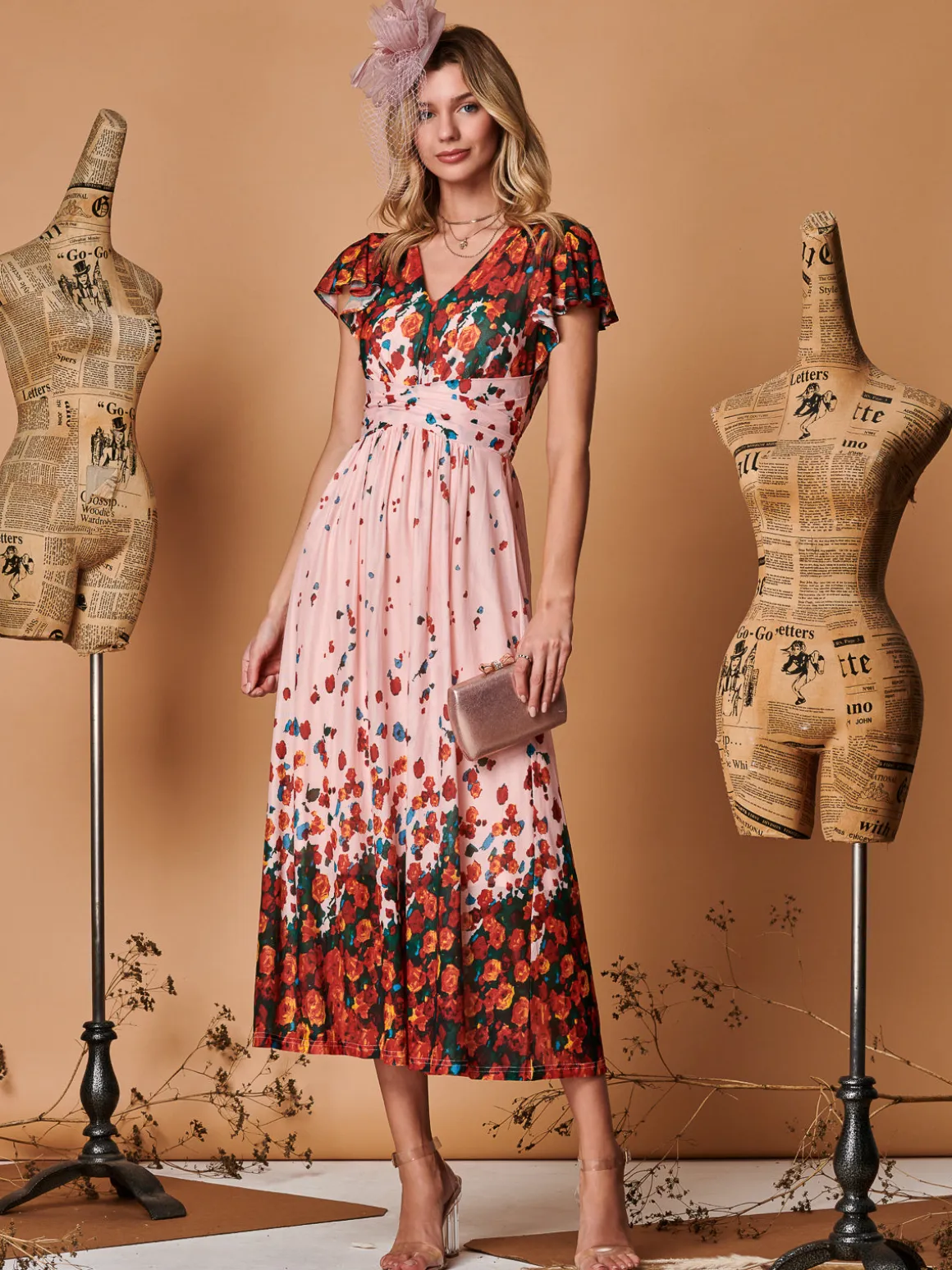 Symmetrical Floral Print Mesh Maxi Dress, Coral Pink