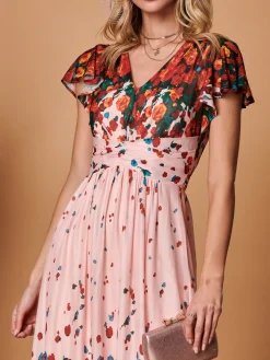 Symmetrical Floral Print Mesh Maxi Dress, Coral Pink