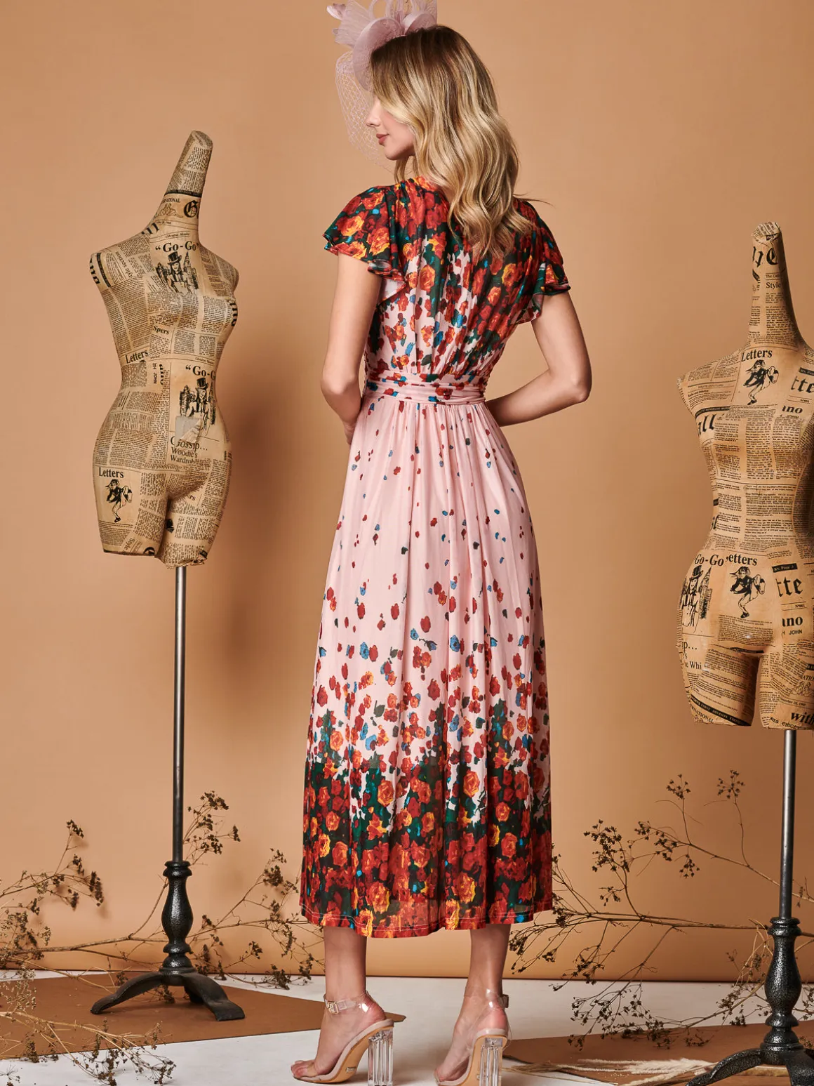Symmetrical Floral Print Mesh Maxi Dress, Coral Pink