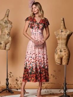 Symmetrical Floral Print Mesh Maxi Dress, Coral Pink