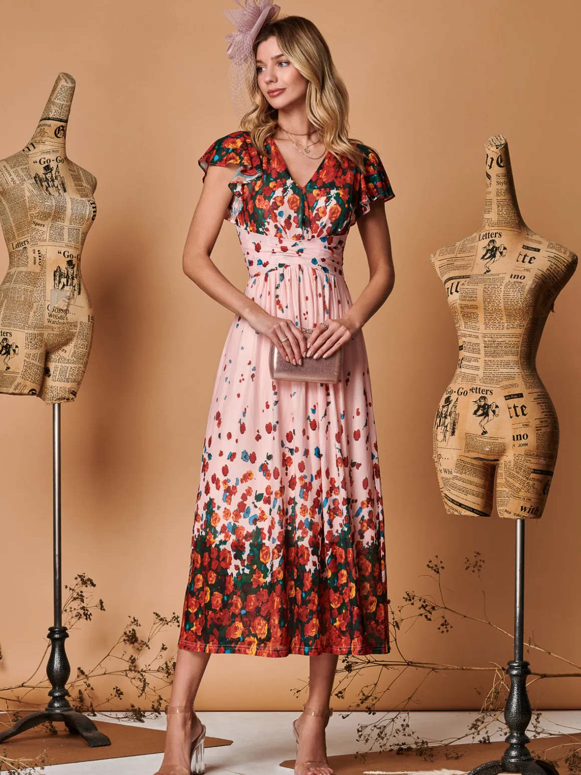 Symmetrical Floral Print Mesh Maxi Dress, Coral Pink