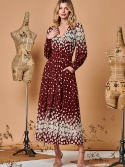 Symmetrical Print Mesh Maxi Dress, Burgundy Multi