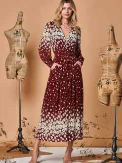 Symmetrical Print Mesh Maxi Dress, Burgundy Multi