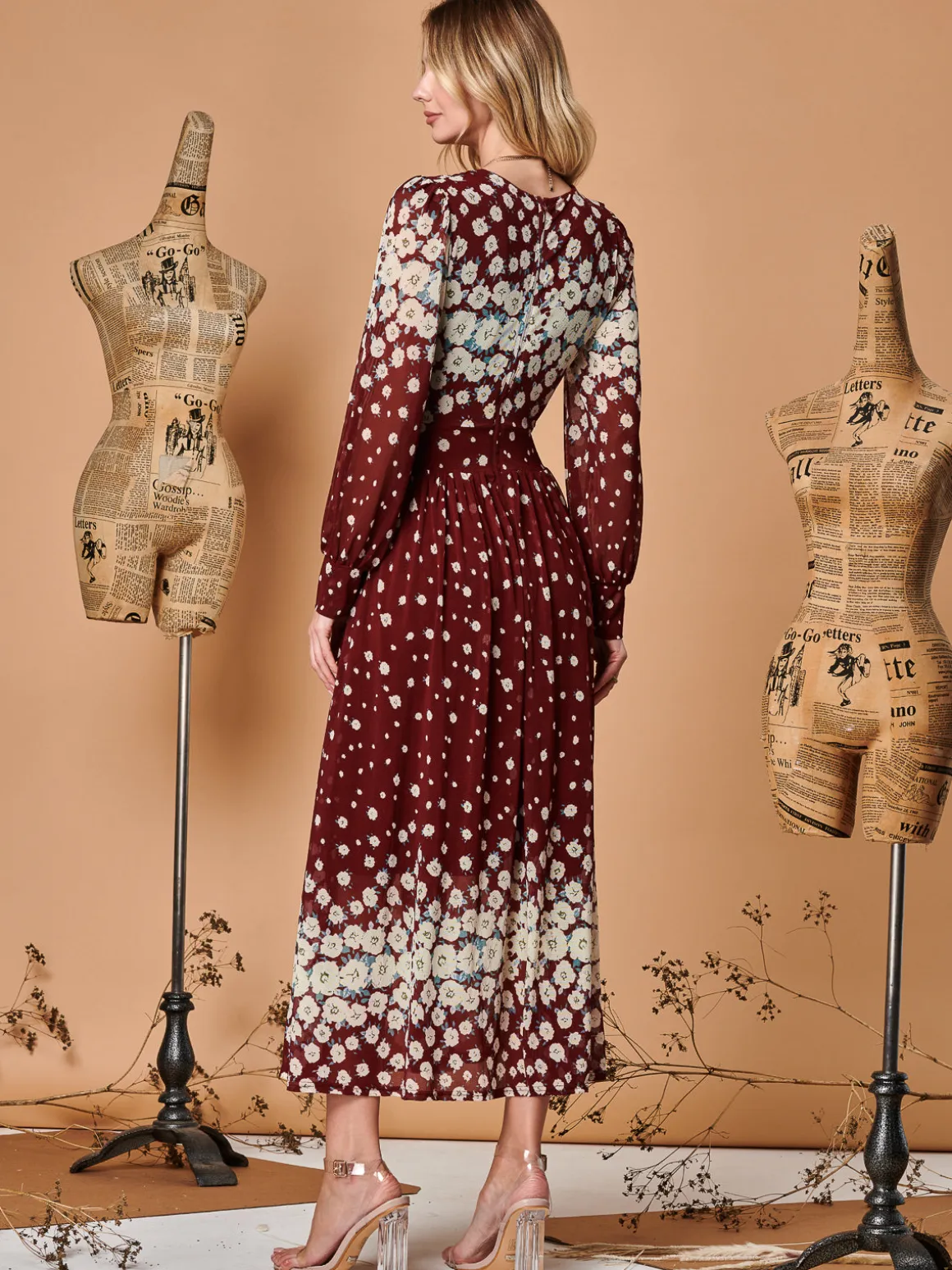 Symmetrical Print Mesh Maxi Dress, Burgundy Multi