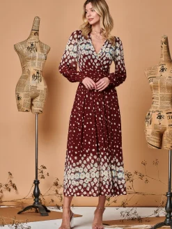 Symmetrical Print Mesh Maxi Dress, Burgundy Multi