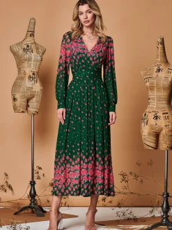 Symmetrical Print Mesh Maxi Dress, Green Floral