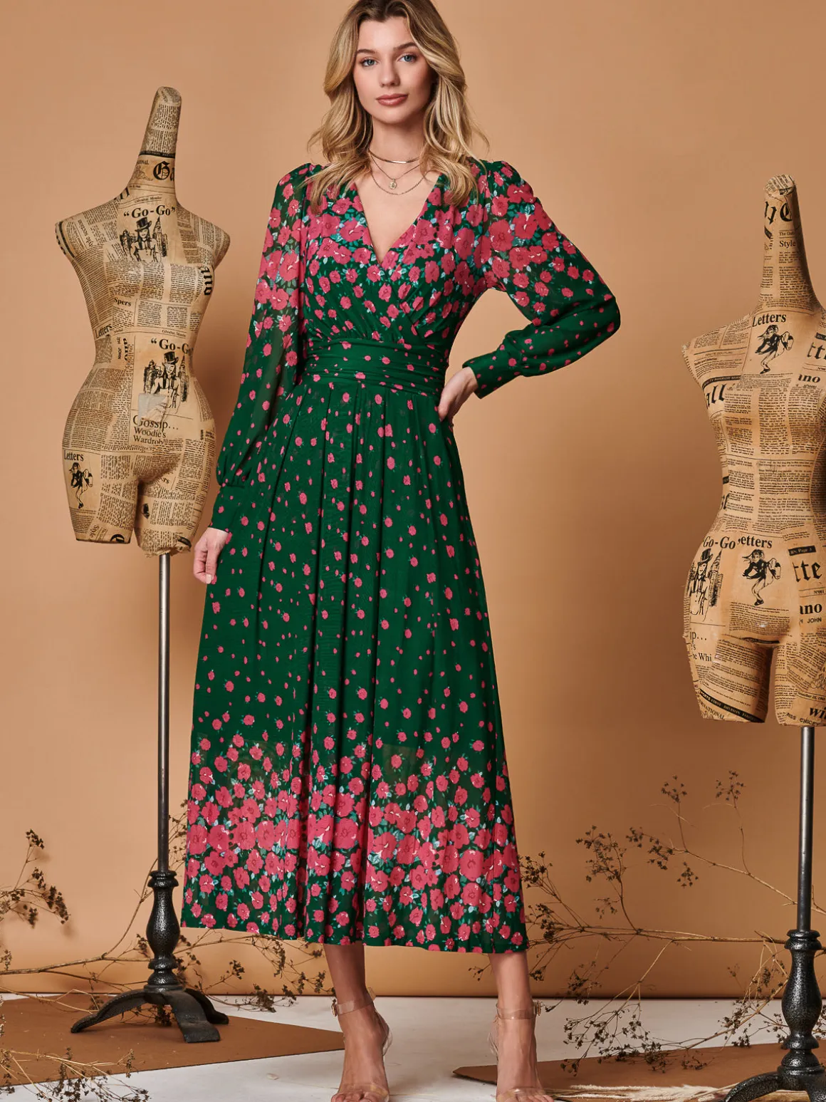 Symmetrical Print Mesh Maxi Dress, Green Floral
