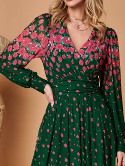 Symmetrical Print Mesh Maxi Dress, Green Floral