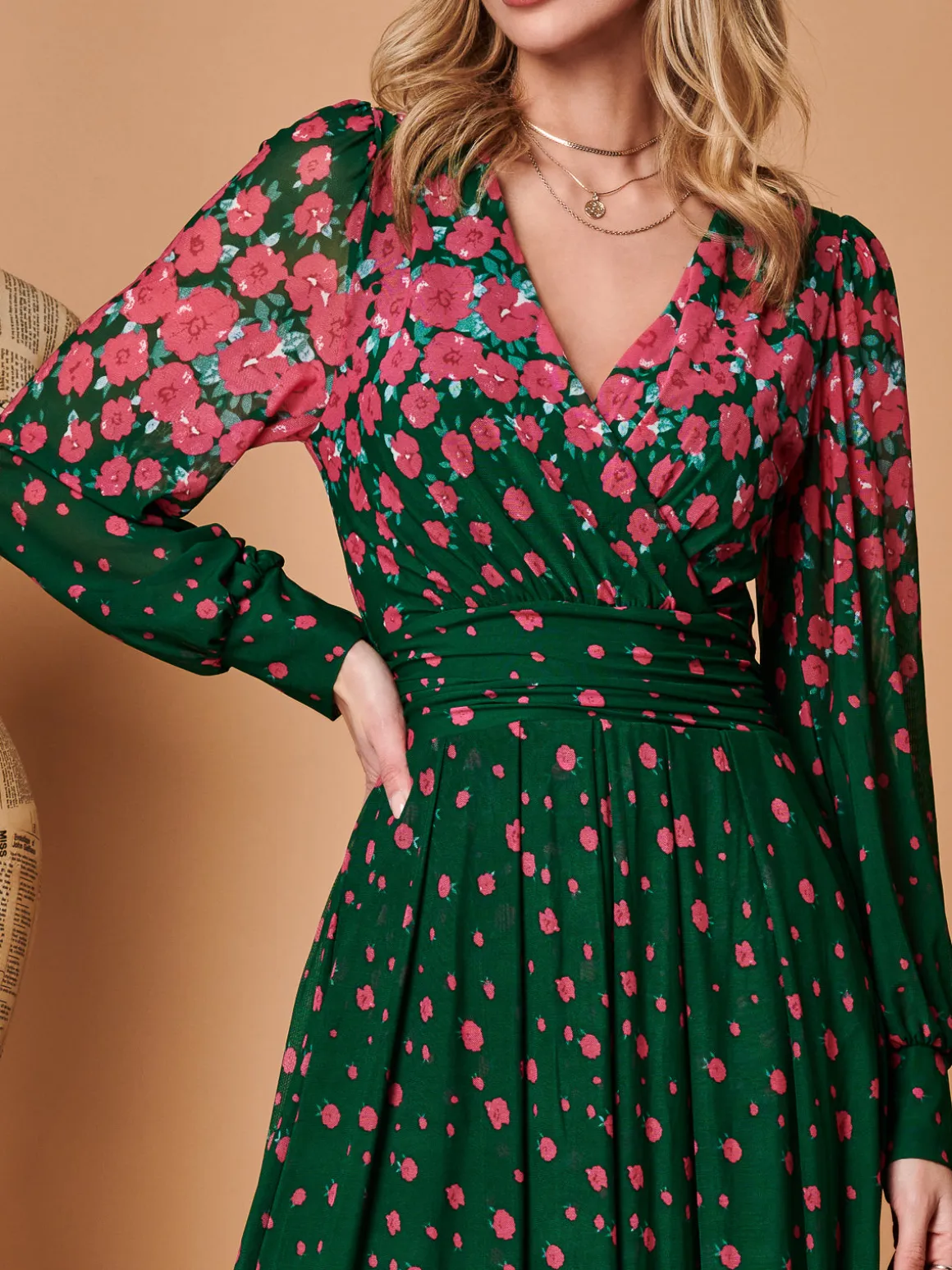 Symmetrical Print Mesh Maxi Dress, Green Floral