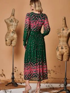 Symmetrical Print Mesh Maxi Dress, Green Floral