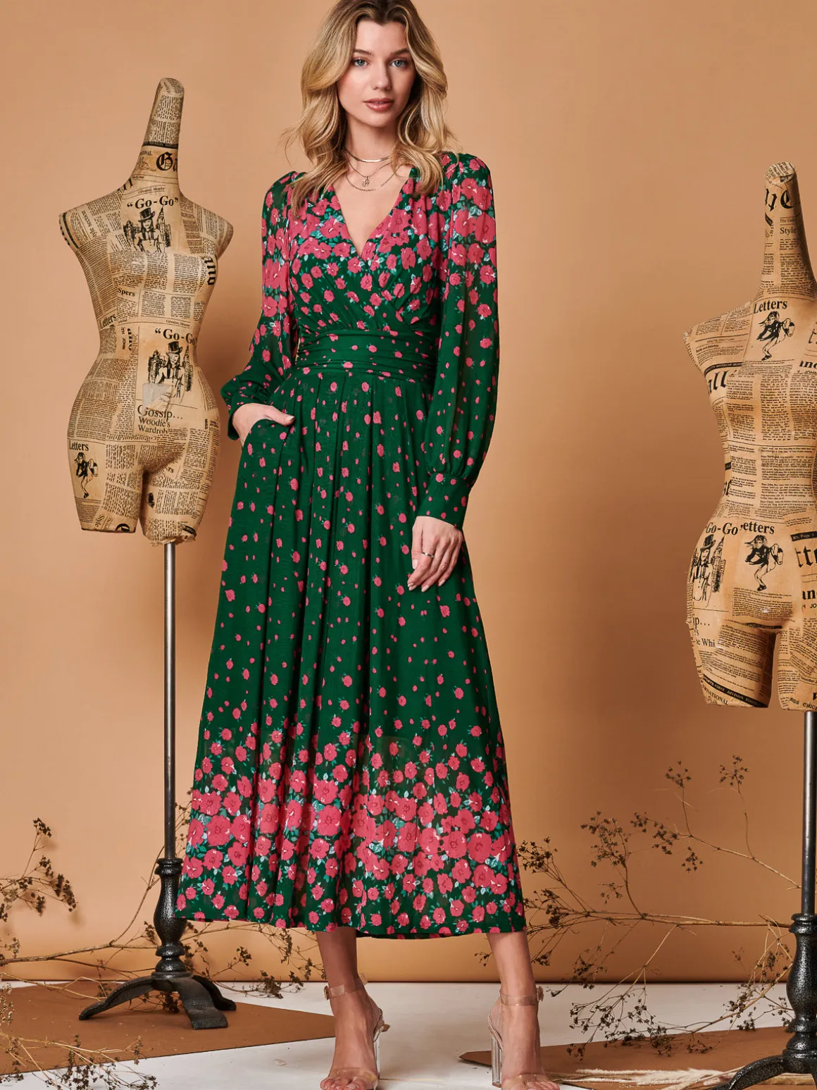 Symmetrical Print Mesh Maxi Dress, Green Floral