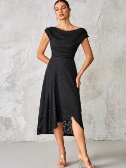 Textured Asymmetrical Draped Midaxi Dress, Black