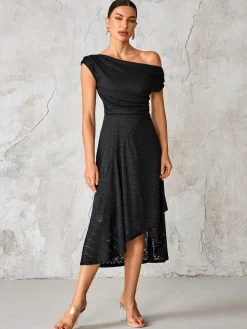 Textured Asymmetrical Draped Midaxi Dress, Black