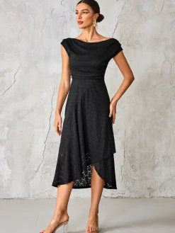 Textured Asymmetrical Draped Midaxi Dress, Black