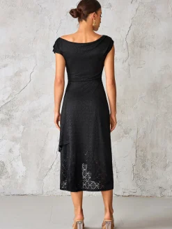Textured Asymmetrical Draped Midaxi Dress, Black