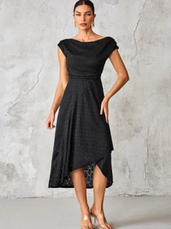Textured Asymmetrical Draped Midaxi Dress, Black