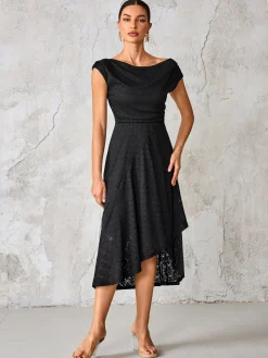 Textured Asymmetrical Draped Midaxi Dress, Black