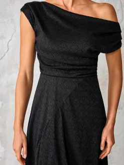 Textured Asymmetrical Draped Midaxi Dress, Black