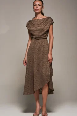 Textured Asymmetrical Draped Midaxi Dress, Brown
