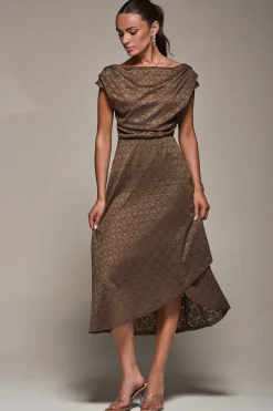 Textured Asymmetrical Draped Midaxi Dress, Brown