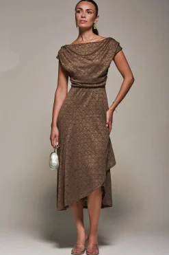 Textured Asymmetrical Draped Midaxi Dress, Brown