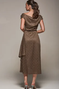 Textured Asymmetrical Draped Midaxi Dress, Brown