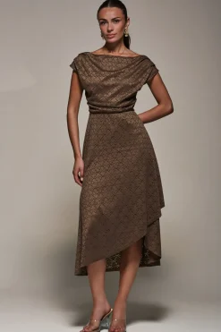 Textured Asymmetrical Draped Midaxi Dress, Brown