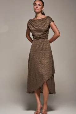 Textured Asymmetrical Draped Midaxi Dress, Brown