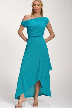 Textured Asymmetric One Shoulder Maxi Dress, Blue