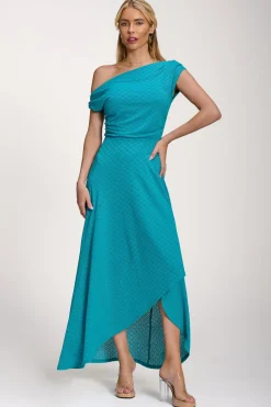 Textured Asymmetric One Shoulder Maxi Dress, Blue