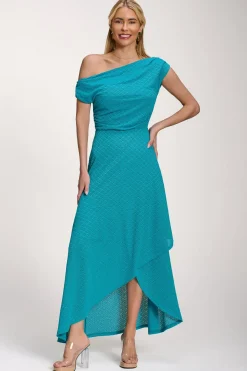 Textured Asymmetric One Shoulder Maxi Dress, Blue