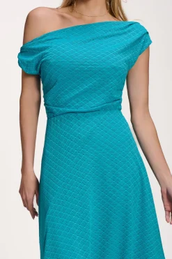 Textured Asymmetric One Shoulder Maxi Dress, Blue