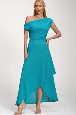 Textured Asymmetric One Shoulder Maxi Dress, Blue