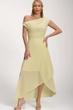 Textured Asymmetric One Shoulder Maxi Dress, Butter Yellow