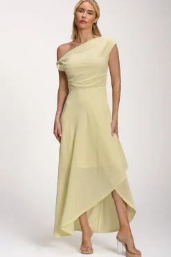 Textured Asymmetric One Shoulder Maxi Dress, Butter Yellow
