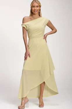 Textured Asymmetric One Shoulder Maxi Dress, Butter Yellow