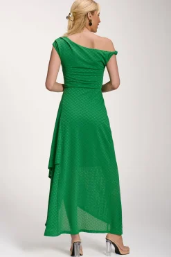 Textured Asymmetric One Shoulder Maxi Dress, Emerald Green