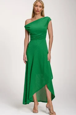 Textured Asymmetric One Shoulder Maxi Dress, Emerald Green