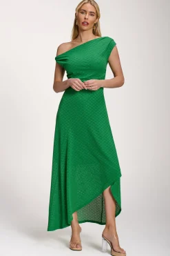 Textured Asymmetric One Shoulder Maxi Dress, Emerald Green