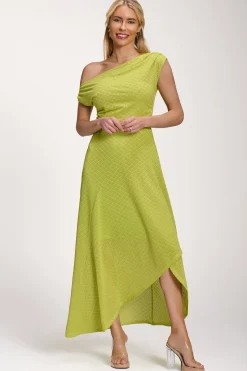 Textured Asymmetric One Shoulder Maxi Dress, Lime