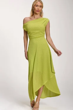 Textured Asymmetric One Shoulder Maxi Dress, Lime
