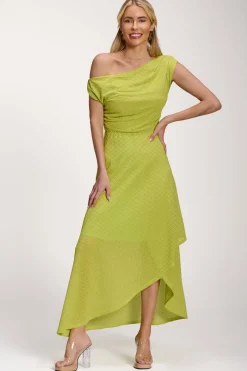 Textured Asymmetric One Shoulder Maxi Dress, Lime