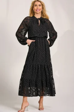Textured Chiffon Long Sleeve Maxi Dress, Black Spot