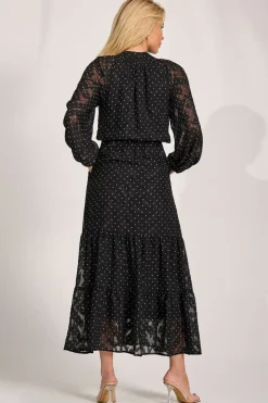 Textured Chiffon Long Sleeve Maxi Dress, Black Spot