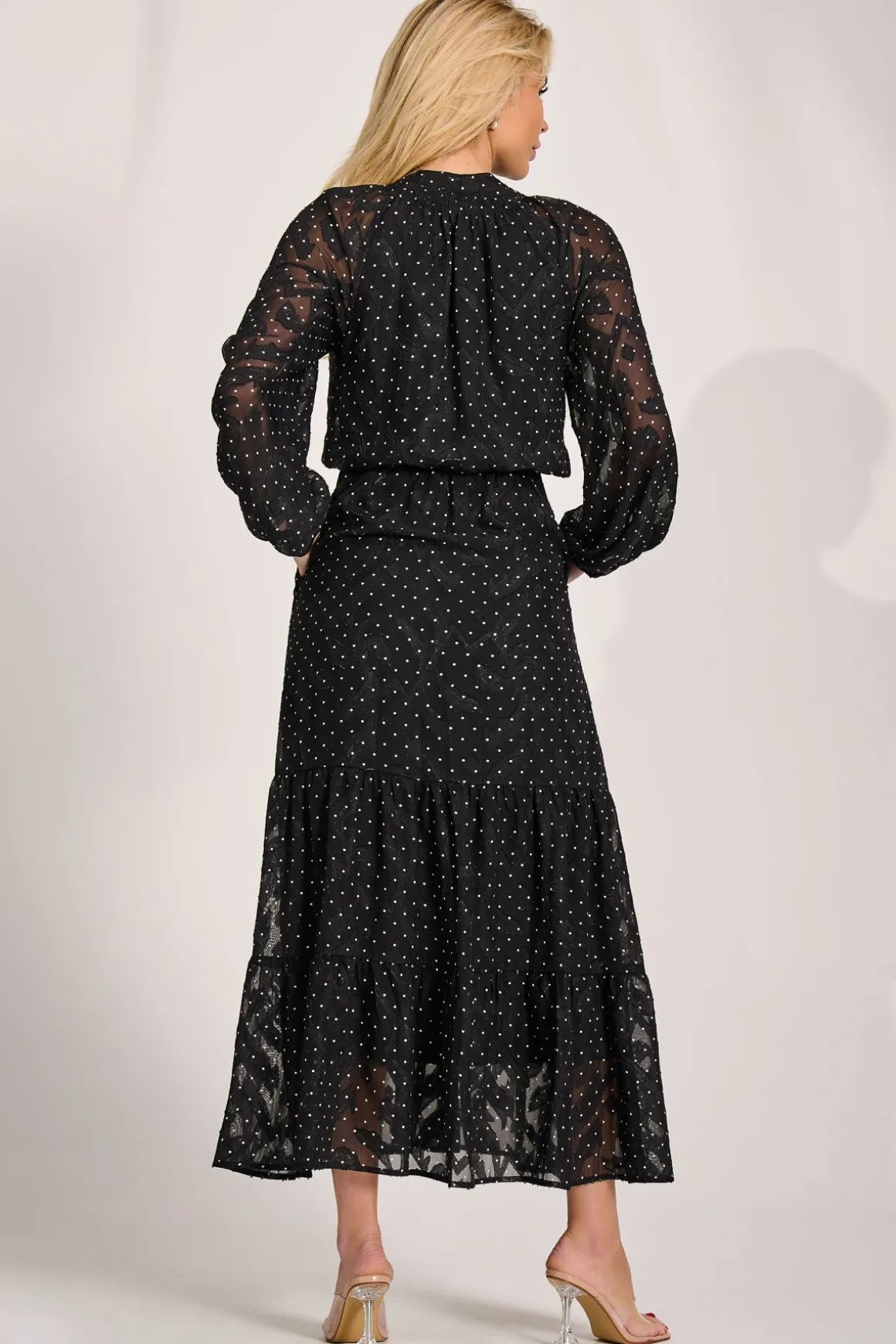Textured Chiffon Long Sleeve Maxi Dress, Black Spot