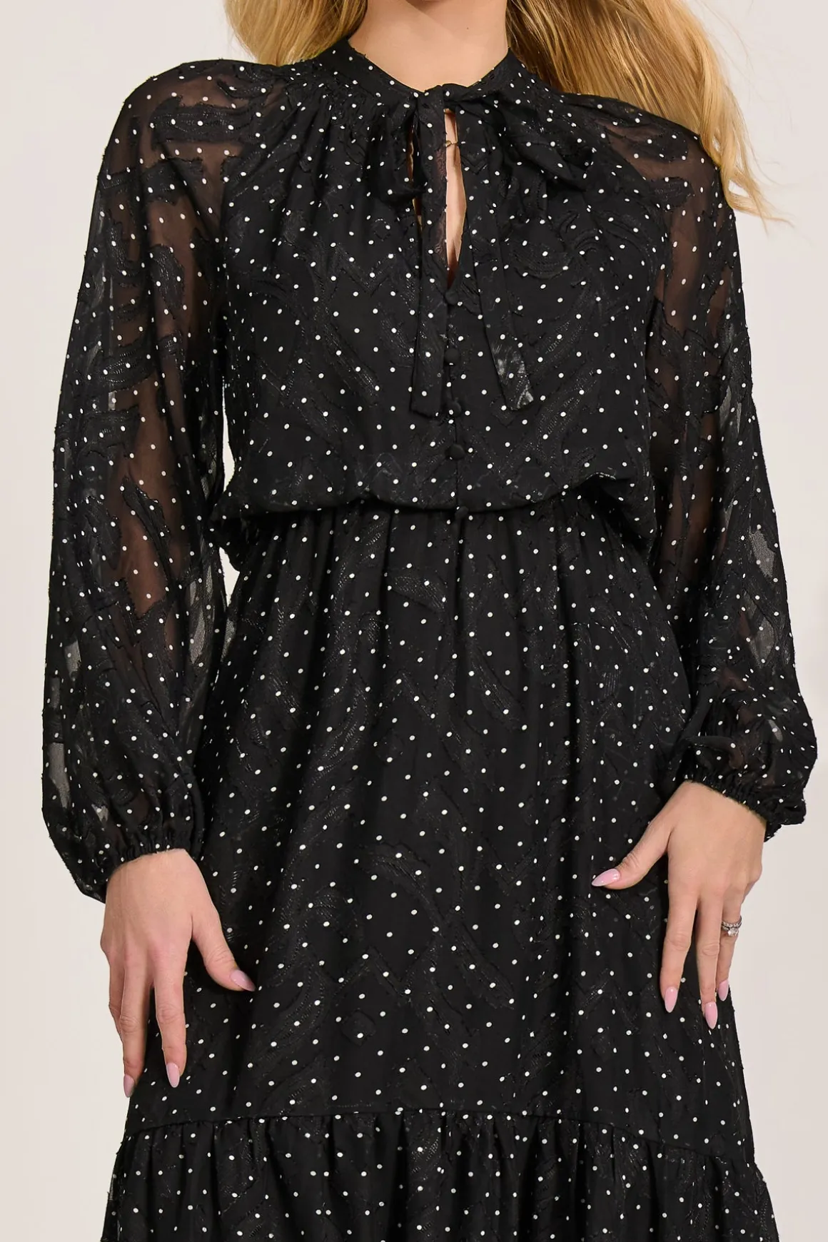 Textured Chiffon Long Sleeve Maxi Dress, Black Spot